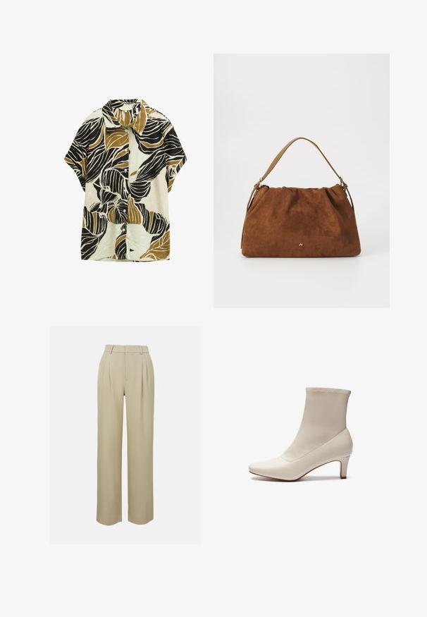 Korte mouwen shirt met een kraag, met een crème achtergrond en grote zwarte en olijfgroene bladerenpatronen, gemaakt van een gestructureerde stof.; Beige wijde broek van gladde stof, voorzien van voorplooien, een op maat gemaakte tailleband en zijzakken. Schoon afgewerkte zoom.; Witte enkelboot gemaakt van glad leer met een spitse neus en een korte, taps toelopende hak. Beschikt over een minimalistisch ontwerp en een naadloos bovenwerk.; Bruine suède handtas met een geplooid ontwerp, voorzien van een enkele tan kleur leren schouderband en een subtiele gouden logo-detail aan de voorkant.