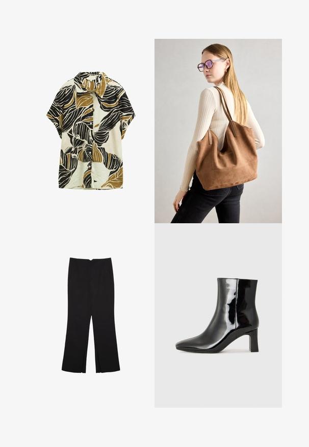 Kortærmet skjorte med krave, med en cremefarvet baggrund og store sort og olivengrønne bladmønstre, lavet af et struktureret stof.; Sorte bukser med lige pasform, der har frontlommer og slidser i kanten. Lavet af blødt, glat stof. Velegnet til forskellige anledninger.; Sort lakeret ankelstøvle med spids tå og en midt-højde blokhæl. Glat tekstur og minimalistisk design.; Brun ruskind tote taske med blød tekstur, stor åbning og lange stropper. Har et enkelt design med synlige syninger og ingen hardware.