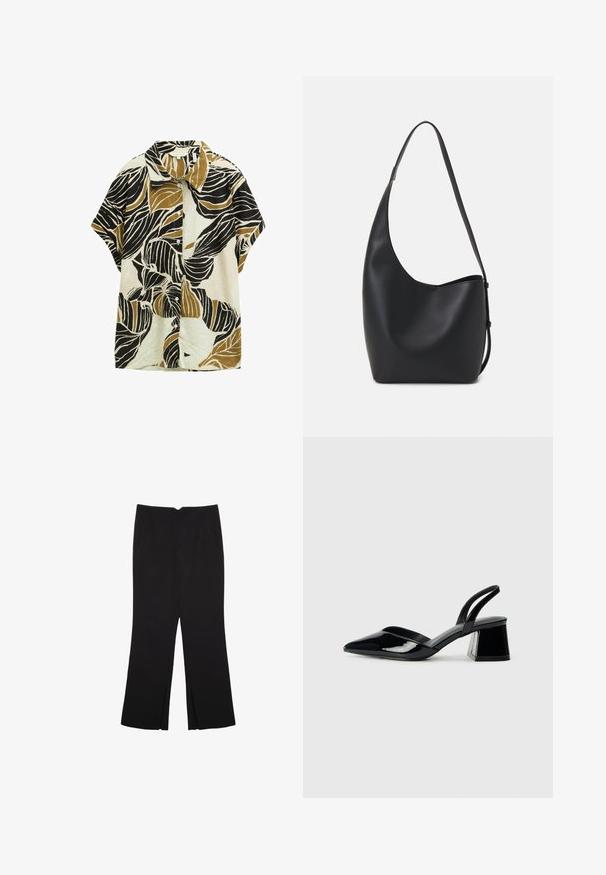 Camicetta a maniche corte con collo, caratterizzata da uno sfondo crema e grandi motivi a foglia nera e verde oliva, realizzata in un tessuto testurizzato.; Pantaloni neri a gamba dritta, con tasche frontali e spacchi laterali all'orlo. Realizzati in tessuto morbido e liscio. Adatti a diverse occasioni.; Décolleté in vernice nera con punta affusolata e tacco in geometria cubica. Presentano un design elegante e minimalista, con una texture liscia.; Borsa hobo nera in pelle con una superficie liscia, forma curvata e una singola tracolla regolabile; presenta un'ampia apertura nella parte superiore.