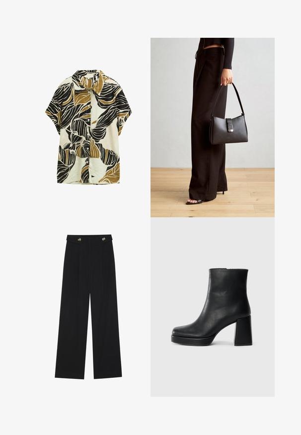 Košile s krátkým rukávem a límečkem, s krémovým pozadím a velkými vzory černých a olivově zelených listů, vyrobená z texturované látky.; Černé široké kalhoty s vysokým pasem, detailní knoflíky na pase a přední záhyby.; Černý kožený kotníkový bot s blokovým podpatkem a platformou, viděný z boku na jednoduchém bílém pozadí.; Černá kabelka se strukturovaným tvarem, hladkým povrchem a kovovým uzávěrem. Kombinována s širokými černými kalhotami a sandály s otevřenou špičkou na dřevěné podlaze.