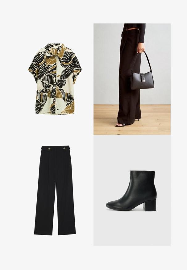 Trumpas rankovėmis marškiniai su apykakle, turintys kreminę fono spalvą ir didelius juodus bei alyvuogių žalius lapų raštus, pagaminti iš tekstūruoto audinio.; Juodi plačios kojos kelnės su aukštu liemeniu, sagų detalėmis ant liemens ir priekinėmis raukšlėmis.; Juodos odinės aulinės botai su smailiu priekiniu pirštu ir storu kulnu. Lygus tekstūra su minimaliomis detalėmis ir elegantišku, tvirtai priglundančiu dizainu.; Juodas rankinė struktūrizuota forma, lygi tekstūra ir metalinis užsegimas. Suporuota su plačiomis juodomis kelnėmis ir atvirais bateliais ant medinių grindų.