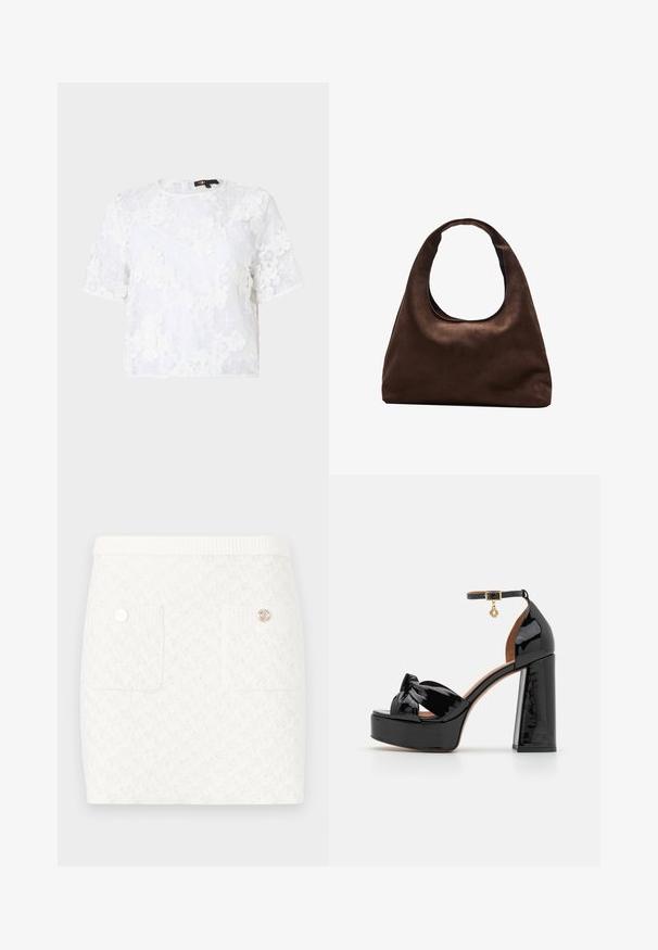 White lace short-sleeve top featuring floral embroidery, round neckline, and a loose fit. Sheer fabric with a textured, layered appearance.; Short white skirt with a textured pattern, featuring two front pockets and decorative gold-tone buttons. Elastic waistband for comfort.; Maje High heeled sandals - noir; Soft brown hobo-style handbag with a single wide strap and a curved top handle opening, displayed on a white background.