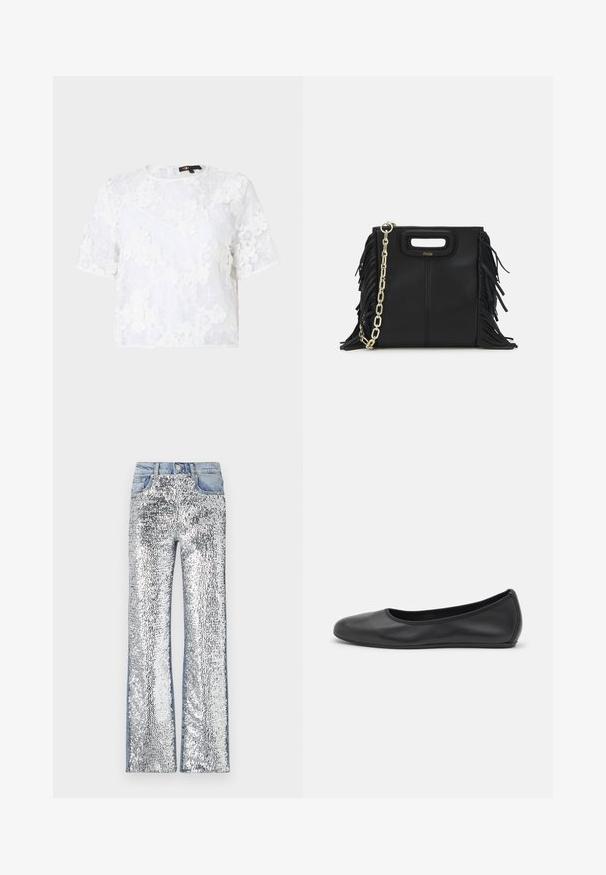 Haut blanc à manches courtes en dentelle avec broderie florale, col rond et coupe ample. Tissu transparent avec un aspect texturé et superposé.; Jean argent à paillettes avec une coupe évasée, dotés d'une taille et de côtés en denim, créant une surface réfléchissante et texturée.; Ballerines en cuir noir avec un bout rond, texture lisse, détails de couture minimalistes et design de semelle flexible.; Sac à main en cuir noir avec des détails en franges, chaîne dorée pour l'épaule et une poignée découpée. Présente le logo sur le devant.