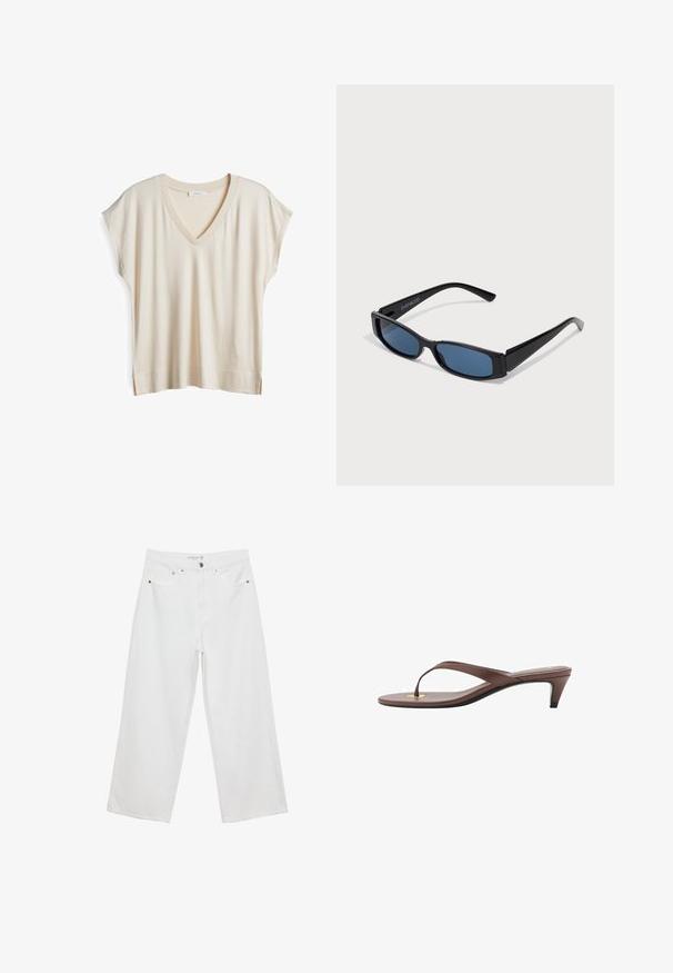 V-neck, short-sleeve top in a light beige fabric. Features ribbed neckline and side slits at the hem for ease of movement. Soft texture.; White wide-leg jeans made of denim with a high waist, featuring five pockets and metal hardware accents. Smooth texture, no visible patterns.; Brown heeled flip-flop sandal with a slender strap and rounded toe post, featuring a small gold accent on the footbed.; Black sunglasses with a sleek rectangular frame and blue lenses. Features smooth texture and sturdy temples. Brand logo on the side.; Canvas tote bag in light beige with two sturdy handles, featuring a front pocket and printed text: "REDUCE REUSE RECYCLE REPEAT."