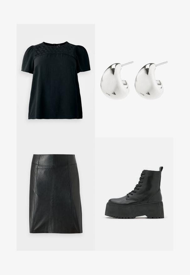 Sort kortærmet top med en struktureret blonderpanel ved den runde halsudskæring, løs pasform og blødt stof. Detalje med lukning bagpå.; Sort lædernederdel med en tætsiddende pasform. Glat tekstur, sømme der fremhæver formen, og en lige kant. Minimalistisk og strømlinet udseende.; Sorte ankelstøvler med en kraftig platformssål, lavet af glat læder, med snørebåndsdesign og en træktab bagpå.; Sølv stud øreringe med et glat, buet design. De har en poleret overflade og en stift, der sikrer sikker bæring.