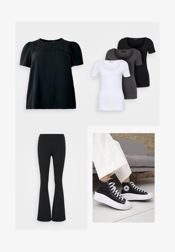 Top negro de manga corta con un panel de encaje texturizado en el cuello redondo, con un corte holgado y tejido suave. Detalle de cierre en la parte posterior.; Tres camisetas ajustadas en blanco, gris y negro. Cada una cuenta con un escote amplio y mangas cortas. Están hechas de una tela suave y elástica.; Pantalones negros de campana hechos de una tela elástica, con una cintura alta y una textura suave. Los pantalones se ensanchan desde la rodilla.; Zapatillas altas de lona negra con suelas y cordones de goma blanca. Presentan un logo circular en el lateral y costuras blancas en contraste.