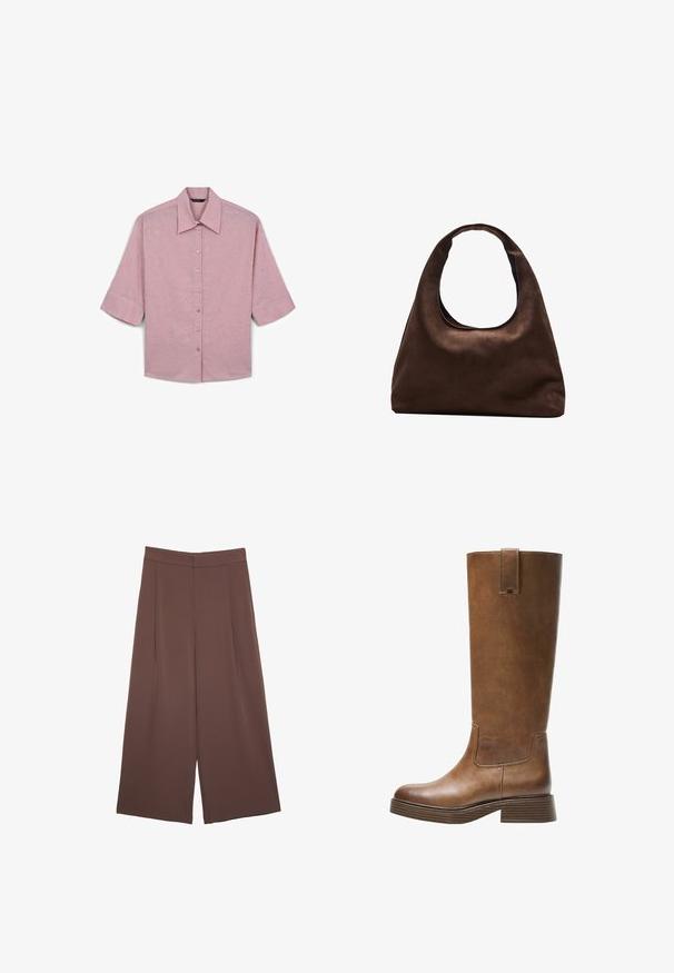 Hellrosa Kurzarmhemd mit Knopfleiste und strukturiertem Blumenmuster. Mit Kragen und lockerer Silhouette.; Braune Weite-Leg-Hosen mit einer glatten Textur, hoher Taille und Vorderfalten. Der Stoff ist leicht und fällt locker.; Braunes Leder-Knöchelhochstiefel mit abgerundetem Zeh, strukturiertem Obermaterial und niedrigem, gestapeltem Absatz. Verfügt über ein seitliches Einsätzen und eine Ziehschlaufe an der Oberseite.; Weiche braune Hobo-Stil Handtasche mit einem einzigen breiten Trageriemen und einer geschwungenen Oberteilöffnung, auf einem weißen Hintergrund präsentiert.