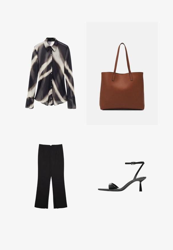 Mango ALLEGRA - Camicia - black; Pantaloni neri a gamba dritta, con tasche frontali e spacchi laterali all'orlo. Realizzati in tessuto morbido e liscio. Adatti a diverse occasioni.; Bershka Sandali con tacco - black; Borsa tote in pelle marrone con texture liscia, design con apertura superiore e due spallacci. Presenta cuciture minime e nessun hardware visibile.