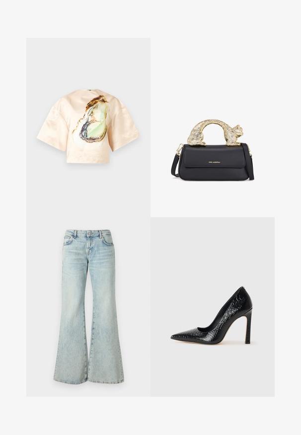 Silk blouse in pale peach featuring a large oyster print on the front, short wide sleeves, and a rounded neckline. Smooth texture.; Light blue flared jeans made from denim, featuring a high waist, pockets, and frayed hems. The fabric displays a faded wash and subtle texture.; Black pointed-toe high heel shoe with a crocodile-skin texture, featuring a sleek design, high stiletto heel, and smooth black interior.; Black leather handbag with a gold cat-shaped handle, featuring a front flap, adjustable strap, and logo detail on the lower front.