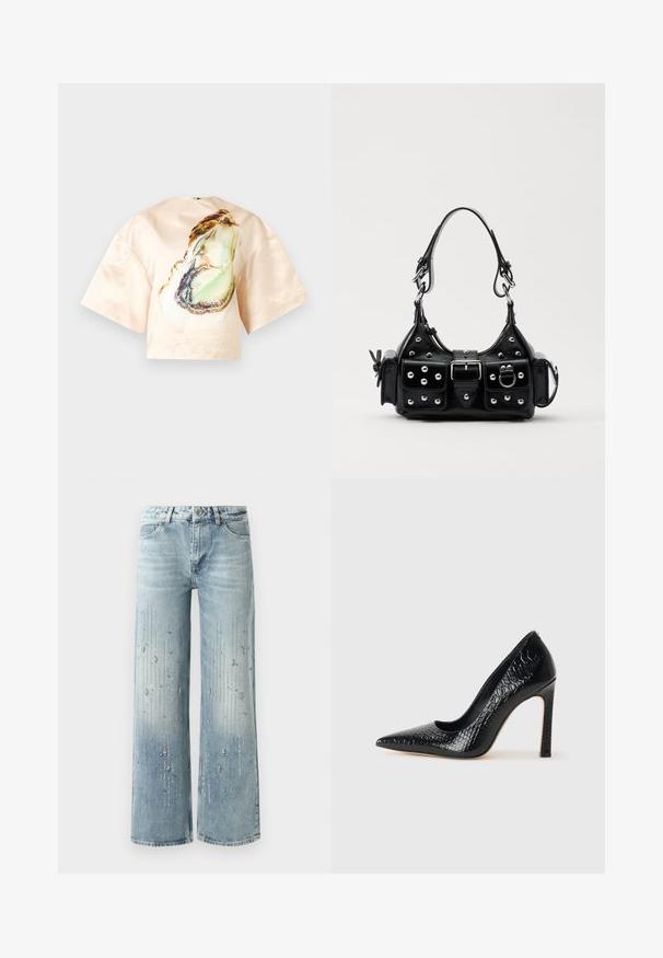 Sildebluse i lys fersken med et stort østersprint foran, korte brede ærmer og en rund halsudskæring. Glat tekstur.; Lyseblå wide-leg jeans lavet af denim, med en gradient farveeffekt og pyntegenstande af sølv rhinsten i et vertikalt mønster.; Sorte spidse tå stiletto-sko i krokodilleskind med et strømlinet design, høj hæl og glat sort inderside.; Sort læderhåndtaske med et buet design, prydet med sølvfarvede nitter, en spænde og to sidelommer. Justerbar rem til forskellige bære muligheder.