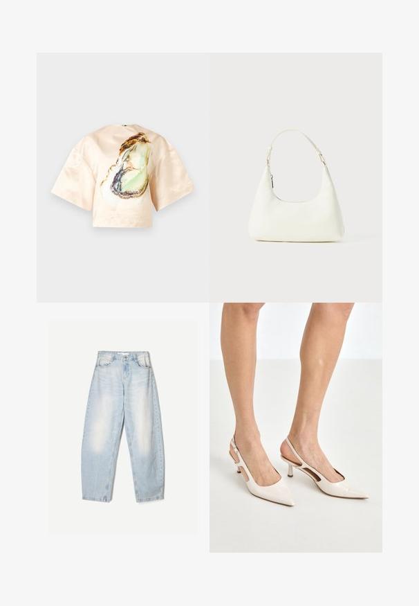 Silkkia blouse vaalean persikan värissä, jossa on suuri osteri-printti edessä, lyhyet leveät hihat ja pyöreä kaula-aukko. Smooth textura.; Vaaleansiniset farkut, joissa on löysä malli, haalistunut pinta, kaksi etutaskua ja nappikiinnitys vyötäröllä.; Beige patenttaja nahkaslingback-korkokengät, joissa on teräväkärkinen muotoilu ja 5 cm:n korko. Kenkäparissa on leikattuja reunoja ja ohut nilkkaremmi.; Pieni valkoinen olkalaukku, jossa on yksi säädettävä hihna ja vetoketjukiinnitys, valkoista taustaa vasten.
