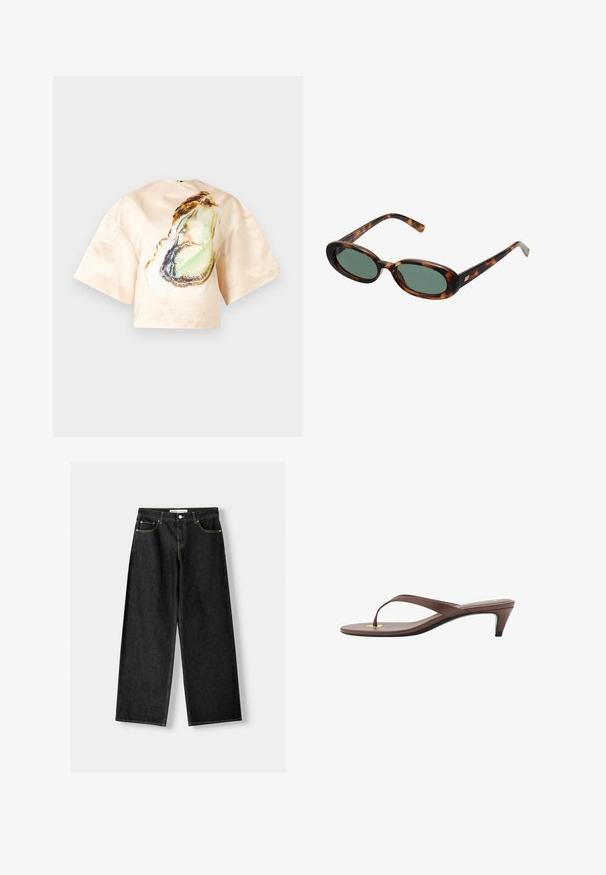 Blusa di seta in un delicato pesca con una grande stampa di ostriche sulla parte anteriore, maniche corte e larghe, e scollatura arrotondata. Texture liscia.; Jeans larghi in denim nero con cinque tasche, chiusura con bottone metallico e zip, e cuciture gialle a contrasto lungo le cuciture.; Infradito con tacco marroni, dotati di una fascia sottile e un puntale arrotondato, con un piccolo dettaglio dorato sulla soletta.; Occhiali da sole tartarugati con montatura ovale e lenti verdi. Presentano aste sottili con un accento metallico vicino alle cerniere.
