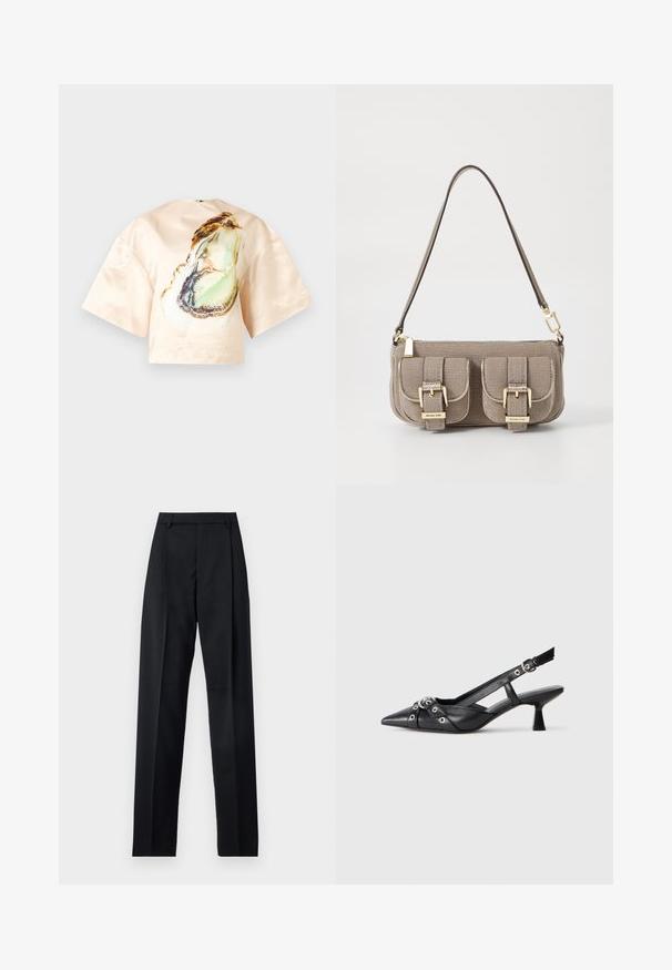 Blusa di seta in un delicato pesca con una grande stampa di ostriche sulla parte anteriore, maniche corte e larghe, e scollatura arrotondata. Texture liscia.; Pantaloni neri realizzati in tessuto morbido, caratterizzati da vita alta, gambe larghe, pince frontali e classiche passanti per cintura. Non ci sono tasche laterali visibili.; Scarpa slingback nera in pelle con punta affusolata, cinturini decorativi con occhielli metallici e tacco basso a blocco. Superficie testurizzata.; Borsa a tracolla beige con texture, cinturino regolabile, due tasche frontali chiuse da fibbie e dettagli in metallo dorato. Chiusura a zip nella parte superiore.