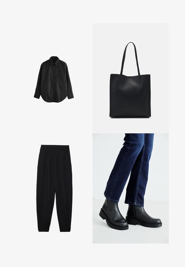 Next OVERSIZED - Button-down blouse - black; Black, lightweight pants with an elastic waistband and gathered ankles. The fabric is smooth and features a relaxed, tapered design.; Black leather ankle boots with a chunky sole and side elastic panels, paired with dark blue jeans. The ground is light-colored.; Black leather tote bag with smooth texture, rectangular shape, and two long handles. No visible hardware or embellishments.