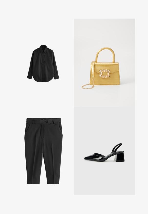 Next OVERSIZED - Hemdbluse - black; Schwarze maßgeschneiderte Hose mit vorderen Falten, Knopfverschluss und seitlichen Taschen. Glattes Material, verkürzte Länge und eine stromlinienförmige Silhouette.; Schwarze Lackleder-Slingback-High Heels mit spitzem Schuh und einem geometrischen Blockabsatz. Verfügt über ein schlankes, minimalistisches Design und eine glatte Textur.; Gelbe Kunstleder-Handtasche im Krokodil-Look mit strukturiertem Design, Obergriff, abnehmbarem Kettenriemen und dekorativer Kristallverzierung am Verschluss.