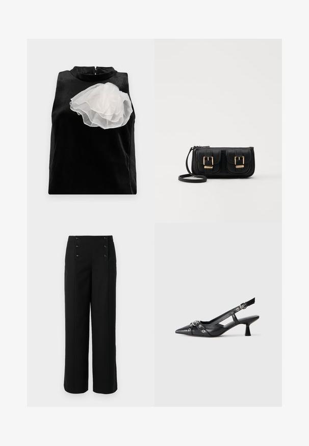 Must värvitu ilma varrukateta topp, mis on valmistatud sileda kangaga ja millel on vasakul küljel suur valgest tüllist lilledetail ning kõrge kaelusega lukuga kinnitus.; Mustad laiad püksid, mis on valmistatud siledast kangast, kõrge vöökoha ja viie esiklipiga. Elegantne, kohandatud disain.; Must must have must toote tõmblukuga, dekoratiivsed rihmad metallist silmadega ja madal blokk-kand. Tekstureeritud pind.; Must küllastamata nahast õlakott, millel on kaks esist nähtavat taskut, kuldsed pandlad, tõmblukuga sulgemine ja peen rihm. Tekstuuriga pind ja kompaktne ristkülikukujuline kuju.