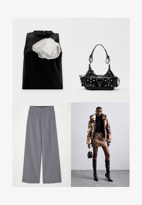 Czarny top bez rękawów wykonany z gładkiego materiału, z dużym białym akcentem w postaci kwiatka z tiulu po lewej stronie oraz wysokim dekoltem zapinanym na zamek.; MM6 Maison Margiela - Spodnie materiałowe; Kurtka puchowa w brązowo-czarny wzór, w połączeniu z brązową mini spódnicą w wężowy wzór, czarnymi wysokimi kozakami do kolan i małą czarną torebką.; Czarna skórzana torebka w zakrzywionym kształcie, z srebrnymi ćwiekami, klamrą i dwoma bocznymi kieszeniami. Regulowany pasek umożliwiający różne opcje noszenia.