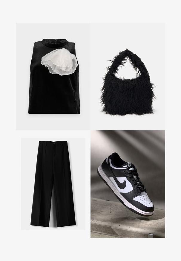 Čierny top bez rukávov vyrobený z hladkej látky, ktorý má veľký biely tylový kvet na ľavej strane a vysoký golier so zipsovým uzavretím.; Čierne široké nohavice z ľahkého materiálu, s predným zapínaním na gombík a plochým predným dielom, s pekne ušitými lemami.; Čierno-biele tenisky Nike Dunk Low s koženým zvrškom, perforovanou špičkou a čiernymi šnúrkami, so bielou podrážkou a logovými akcentmi.; Even&Odd Veľká kabelka - black