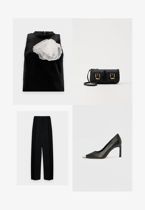 Schwarzes ärmelloses Oberteil aus glattem Stoff, das auf der linken Seite mit einer großen weißen Tüllblumen-Applikation verziert ist und einen hohen Kragen mit einem Reißverschluss hat.; Schwarze weit geschnittene Hosen mit hoher Taille, die Falten und eine glatte Textur aufweisen. Der Stoff wirkt leicht und fällt elegant.; Schwarzer Lederschuh mit hohem Absatz, spitz zulaufender Zehenpartie und metallischer silberner Spitze. Verfügt über eine glatte Oberfläche und einen schlanken 10 cm hohen Absatz.; Schwarze Leder-Umhängetasche mit zwei vorderen Taschen, goldenen Schnallen, Reißverschluss und einem schmalen Tragegurt. Texturierte Oberfläche und kompakte rechteckige Form.