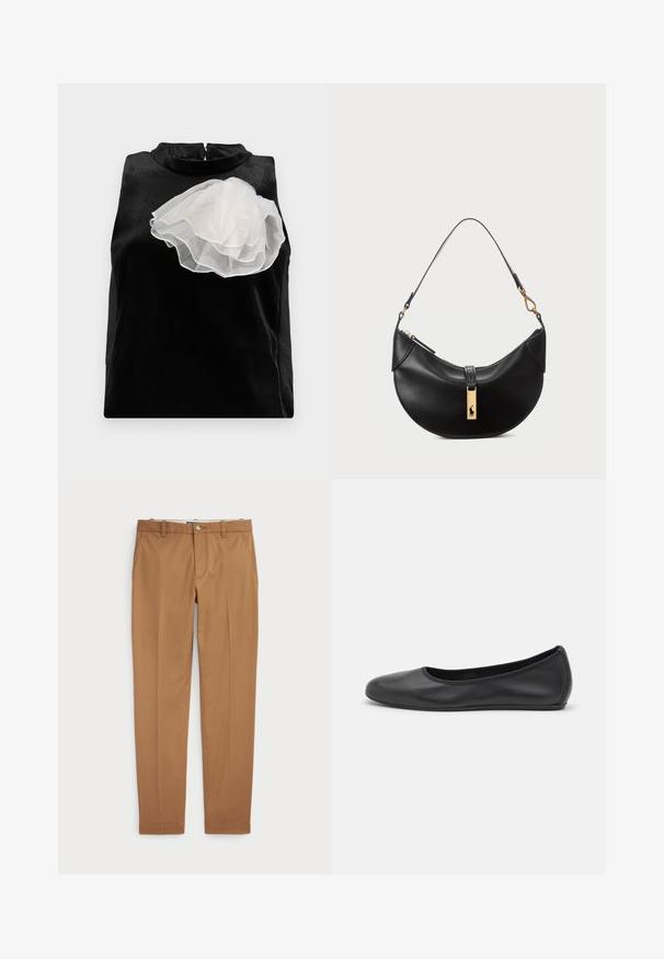 Fekete ujjatlan felső sima anyagból, amelyen egy nagy fehér tüll virág díszítés található a bal oldalon, valamint magas nyakkivágás és cipzáras záródás.; Barna pamut nadrág, karcsú szabású, sima elülső résszel és standard zsebekkel; sima tapintású és hemzsegő szegélyekkel.; Fekete bőr balettcipő lekerekített orral, sima tekstúrával, minimális varrással és rugalmas talp kialakítással.; Fekete bőr kézitáska félhold alakú formában. Aranyszínű fémrészekkel és keskeny pánttal rendelkezik. Simább felület, cipzáras záródás a tetején.