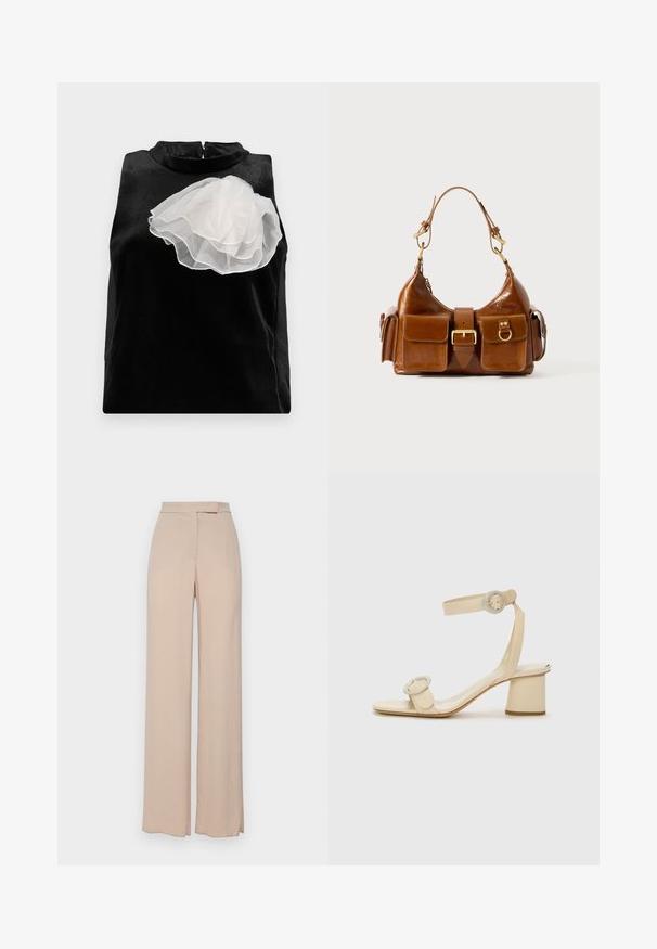 Musta ilmanhihaista toppia, joka on valmistettu sileästä kankaasta ja jossa on suuri valkoinen pitsikukkaelementti vasemmalla puolella sekä korkea kaulus, jossa on vetoketjusuljenta.; Beige levelet lahkeet valmistettu kevyestä kankaasta. Ominaisuuksiin kuuluu sileä pinta, etutaskut ja huomaamaton vyötärösuunnittelu.; Beige korkeakorkoiset sandaalit minimalistisella designilla, joissa on kaksi pyöreää yksityiskohtaa ja paksu korko. Valmistettu sileästä nahasta.; Ruskea nahkalaukku, jossa on kaareva muoto, kaksi kultaisen sävyistä metalliosaa, kaksi etutaskua ja leveä olkahihna. Silkkinen pinta ja tyylikäs viimeistely.