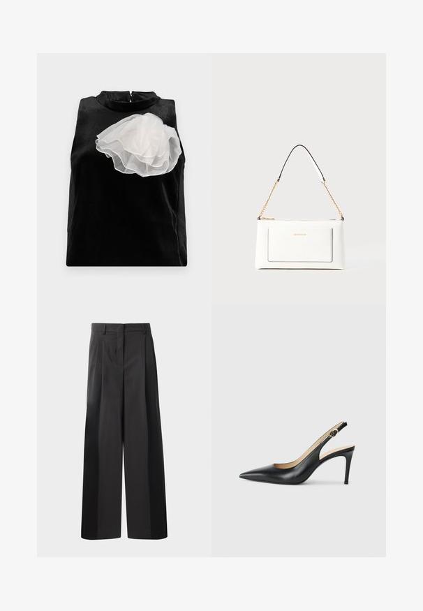 Črna brezrokavna majica iz gladkega materiala, ki ima velik bel til cvetni okras na levi strani in visok ovratnik z zadrgo.; Črne široke hlače z visokim pasom, z oblikovanimi pregibi spredaj, gladko teksturo in natančno dodelavo. Oblikovane za sproščen fit.; Črne usnjene petke s slingback obliko, ostro konico, nastavljivim trakom in elegantnim stiletto peto, s gladko obdelavo.; Bela usnjena torbica z teksturirano površino, ki vključuje zlat pas in črne detajle. Ima sprednji žep in zadrgo.