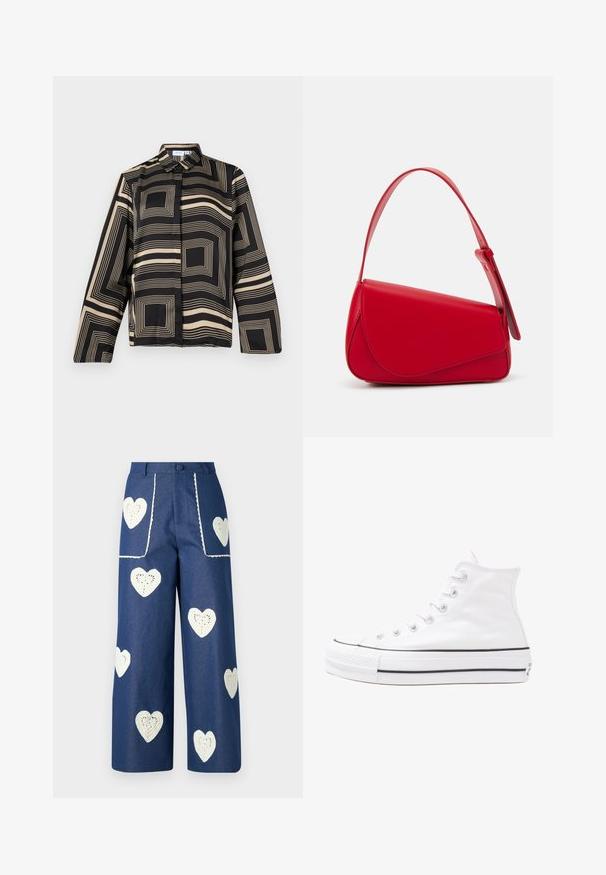 Čierna a béžová košela s geometrickým vzorom, dlhými rukávmi, golierom a voľným strihom vyrobená z hladkej, lesklej látky.; Sister Jane HEART TO HEART - Džínsy s rovným strihom - blue denim; Biele vysoké plátené tenisky s čiernou gumovou podošvou, prednou gumovou špičkou a šiestimi okami na šnúrky, s čistým, minimalistickým dizajnom.; Červená kožená kabelka s ostrým, geometrickým dizajnom. Má jeden nastaviteľný popruh a uzatváranie na klopu so šitím.