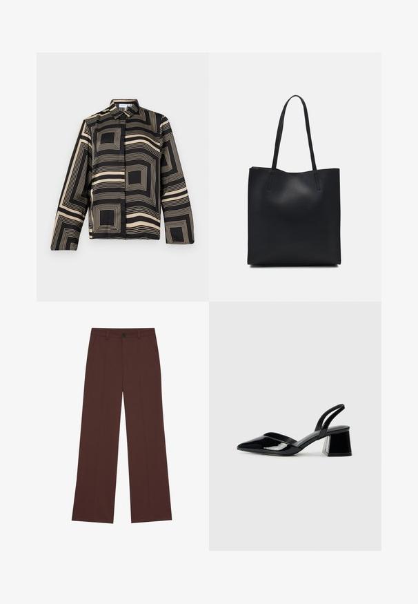 Black and beige shirt with a geometric pattern, featuring long sleeves, a collar, and a loose fit with smooth, shiny fabric.; Wide-leg trousers in a rich brown fabric. Features a button closure, two front pockets, smooth texture, and clean lines.; Black patent leather slingback heels with a pointed toe and a geometric block heel. Features a sleek, minimal design and smooth texture.; Black leather tote bag with smooth texture, rectangular shape, and two long handles. No visible hardware or embellishments.