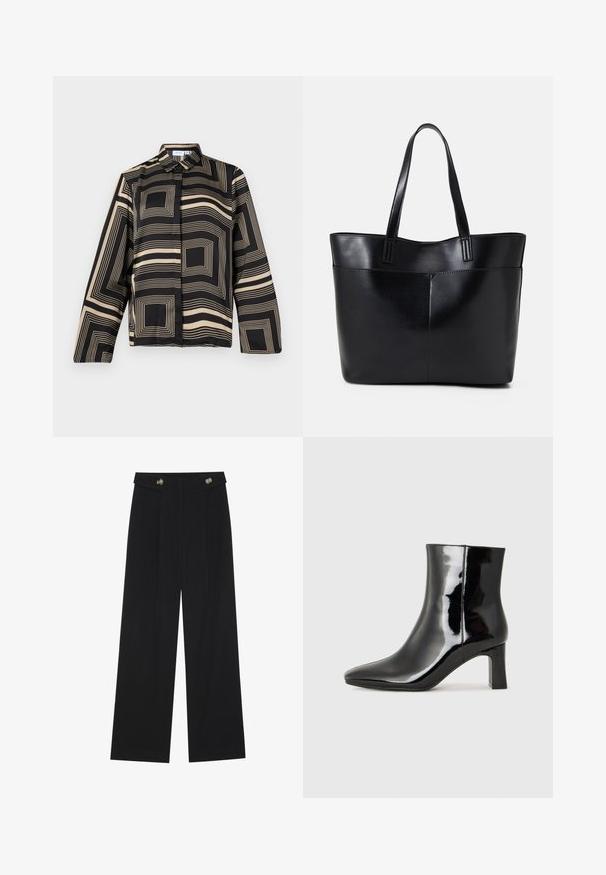 Camisola preta e bege com um padrão geométrico, apresentando mangas longas, um colarinho e um corte solto em tecido liso e brilhante.; Calças largas pretas com cintura alta, detalhes em botão na cintura e pregas frontais.; Botim de tornozelo em pele sintética preta com bico apontado e salto bloco de altura média. Textura suave e design minimalista.; Bolsa tote preta em couro com duas alças longas, textura suave e forma estruturada. Apresenta um bolso frontal para armazenamento adicional.