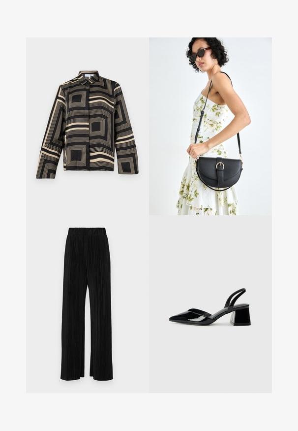 Cămașă neagră și bej cu un model geometric, având mâneci lungi, guler și o croială lejeră dintr-un material neted și lucios.; Pantaloni negri plisati cu talie elastică. Prezintă picioare largi și un material neted, texturat, cu dungi verticale.; Pantofi cu toc slingback din piele lacuită neagră, cu vârf ascuțit și toc geometric. Prezintă un design elegant, minimalist și o textură netedă.; Geantă din piele neagră, cu o formă curbată, curea detașabilă și accesorii aurii. Geanta are un capac cu un detaliu tip cataramă.