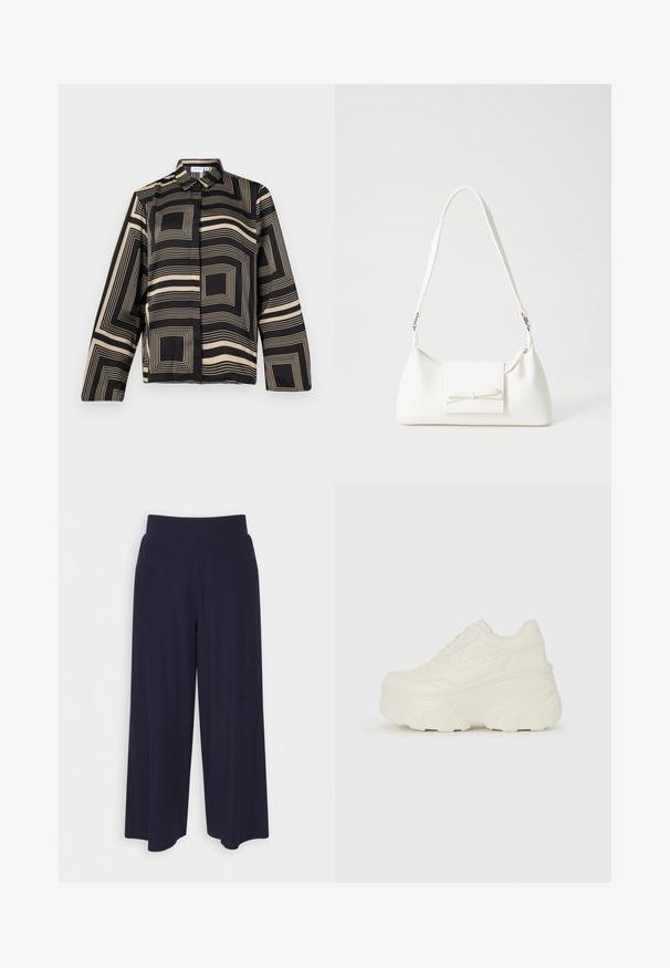 Svart och beige skjorta med ett geometriskt mönster, som har långa ärmar, krage och en lös passform med slät, glänsande tyg.; Breda byxor i mörk marinblått tyg med ribbat mönster. Har en slät midjeband och en svängd silhuett som når till mitten av vadbenet.; Vita plattformssneakers med en slät läderliknande överdel, rundad form, vadderad krage och texturerad gummisula med definierade mönster.; Vit syntetisk handväska med triangulär form, platt framklaff och rosettdetalj, justerbar rem, slät textur och minimalistisk design.