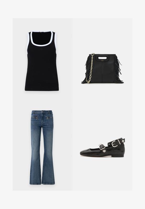 Juodas raištinis maikė su plačiu apvaliu kaklu ir baltu kontrastiniu apvadu. Pasižymi centriniu logotipo detaliu, prigludusia forma ir minkšta tekstūra.; Mėlyni džinsai su plačiomis blauzdomis, vidutinio aukščio juosmeniu, turi priekines ir galines kišenes bei subtilų išblukimą.; Juodas lakinės odos plokščias batelis su kvadratiniu pirštu, kulkšnies dirželiu su sidabro detalėmis ir plokščiu padu. Sklandus paviršius su minimalistišku dizainu.; Juodas odinis rankų darbo rankinys su frinzuotomis detalėmis, auksine grandinės petneša ir išpjauto dizaino rankena. Pirmoje pusėje yra logotipo vieta.