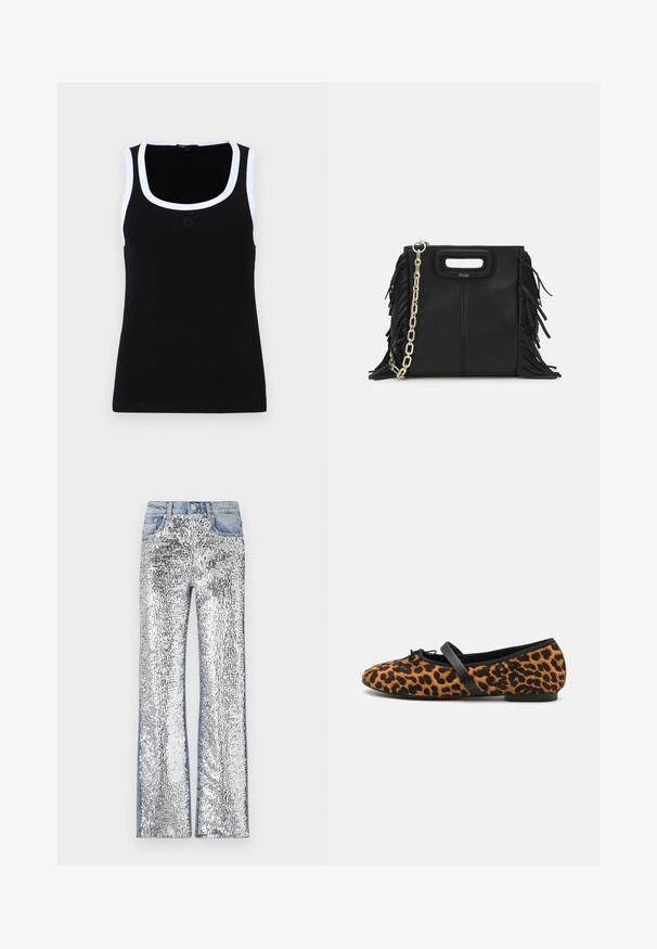 Zwarte geribbelde tanks top met een brede ronde hals en witte contrasterende rand. Heeft een centraal logo-detail, een getailleerde vorm en een zachte textuur.; Zilveren paillettenjeans met een flared ontwerp, voorzien van een denim tailleband en zijkanten, wat een textuurrijke, reflecterende oppervlakte creëert.; Leopardprint balletschoenen met zwarte accenten, voorzien van een ronde teen, een platte zool en een decoratieve strik aan de voorkant. Zachte textuur.; Zwarte leren handtas met franjes, gouden schouderband van schakels en een uitsnijding in de handgreep. Heeft het logo prominent aan de voorkant.