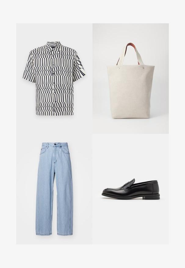 Kortærmet skjorte med knapper i cremefarve med marineblå lodrette striber, der har et bølgemønster, klassisk krave og regular fit design.; Lysblå denimjeans med bred bendesign, der har forlommer, en knaplukning og detaljeret syninger langs sømmene.; Sorte læderloafers med en glat overflade, rund tå og en dekorativ strop over vampen. Lav hæl med stabeldesign, minimalistisk stil.; Tote taske i lyse beige stof med en struktureret finish, der har to kontrasterende brune læderhåndtag og metal detaljer øverst.