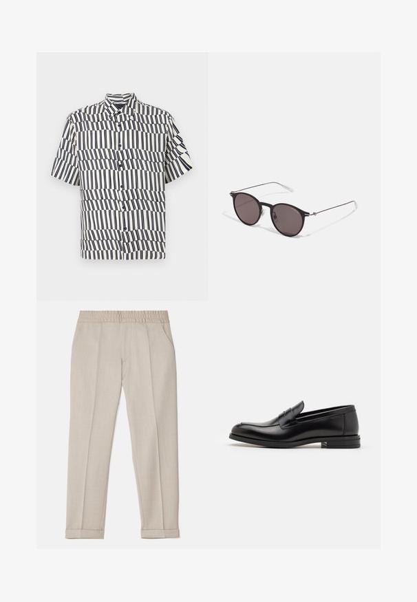 Cămașă cu mânecă scurtă și nasturi, de culoare crem cu dungi verticale bleumarin, având un model în valuri, guler clasic și croială standard.; Filippa K TERRY CROPPED TROUSERS - Pantaloni - sage melange; Mocasini din piele neagră cu o textură netedă, vârf rotund și o curea decorativă peste partea superioară. Toc mic, design minimalist.; Ochelari de soare negri rotunzi cu lentile întunecate și brațe metalice subțiri. Include vârfuri transparente pentru brate și accente argintii la balama. Design minimalist.