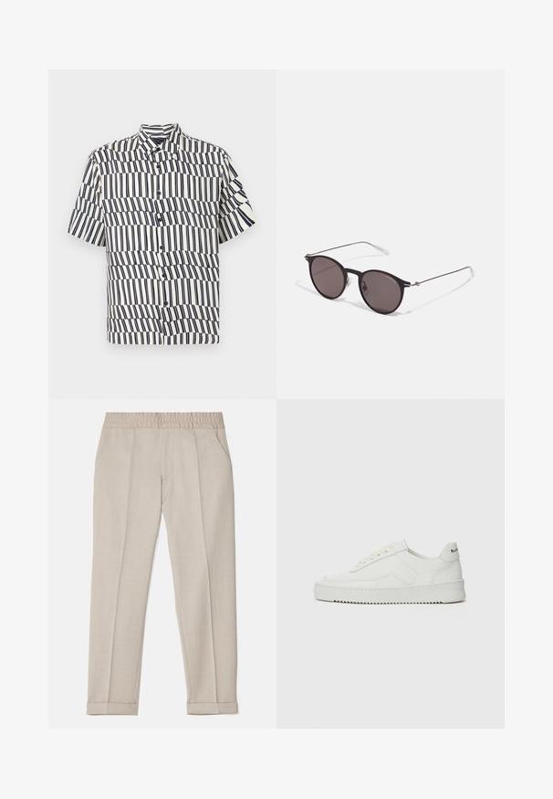 Košeľa s krátkym rukávom v krémovej farbe s námorníckymi vertikálnymi pruhmi, so vzorom vlny, klasickým golierom a strihom v bežnej veľkosti.; Filippa K TERRY CROPPED TROUSERS - Nohavice - sage melange; Biele kožené tenisky s hladkým povrchom, okrúly špičkový dizajn, ploché šnúrky a textúrovaná podrážka. Obsahujú jemné logo na päte.; Čierne okrúhle slnečné okuliare s tmavými sklami a tenkými kovovými ramenami. Obsahujú priehľadné konce rámov a strieborné akcenty na pántoch. Minimalistický dizajn.