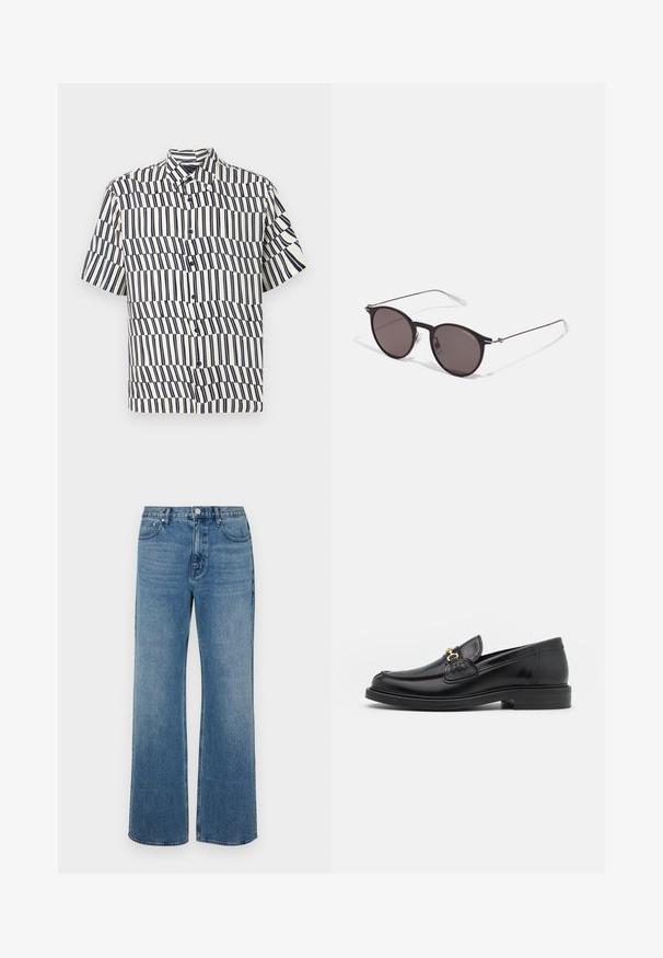 Lyhythihainen nappipaita vaaleassa kremessä, jossa on tummansiniset pystysuorat raidat, aaltoilukuviolla, klassisella kauluksella ja tavallisella istuvuudella.; Levelederg blå jeans laget av denim med en falmet finish. Har fem lommer, glidelås foran og rett snitt.; Musta nahkainen loafers-tyylinen kengät, joissa on pyöreä kärki, kultaiset yksityiskohdat ja ompelutiedot, asetettu matalalle, teksturoidulle kumipohjalle.; Musta pyöreä aurinkolasit tummilla linsseillä ja kapeilla metallikehyksillä. Sisältää kirkkaat temppelet ja hopeiset yksityiskohdat saranassa. Minimalistinen muotoilu.