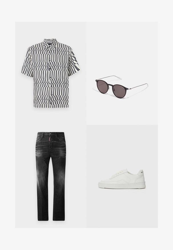 Kortærmet skjorte med knapper i cremefarve med marineblå lodrette striber, der har et bølgemønster, klassisk krave og regular fit design.; Sorte denim jeans med lige pasform. Har falmede områder, mindre slid, klassisk fem-lommer design og knaplukning.; Hvide lædersneakers med en glat overflade, rund tå, flade snørebånd og en tekstureret sål. Har et diskret logo på hælen.; Sorte runde solbriller med mørke linser og slanke metalarme. Inkluderer klare tempeltips og sølvdetaljer ved hængslet. Minimalistisk design.
