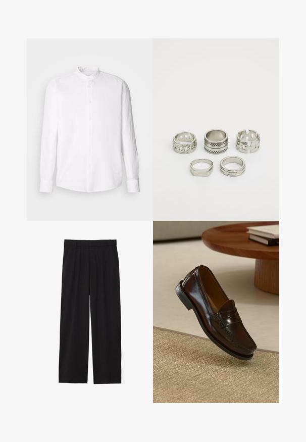 Vit långärmad skjorta med krage, med knapp fram, texturerad tyg och klassisk passform. Inga mönster eller detaljer synliga.; Svarta vida byxor med veckad front, sidofickor och en mjuk textur. Designade för en avslappnad passform.; Bruna läderloafers med en glansig finish, som har en sömdekoration framtill och en lågprofilerad svart gummisula.; Set av fem silverringar med olika designer: ett kedjemönster, en slät ring, en prickig ring och utsirade detaljer.