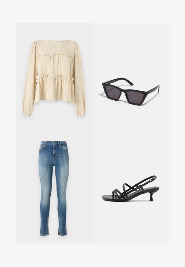 Light beige long-sleeve blouse with floral embroidery, layered ruffle detail, and elasticized cuffs, made from a textured fabric.; Skinny jeans in light blue denim. Features a mid-rise waist, five pockets, and slight fading on the front and back for a worn look.; Black heeled sandals with multiple crisscross straps. Smooth material, pointed toe, and narrow heel. Adjustable ankle strap with buckle.; Black, angular sunglasses with gray lenses; made of plastic, featuring thick arms with a smooth surface and no visible hardware.; Small cream handbag with a textured finish, a long adjustable strap, a chain accent, and a flap closure. Gold hardware detailing.; Silver hoop earrings with a twisted design, featuring a polished finish and post-back closure. Measure approximately 3 cm in diameter.