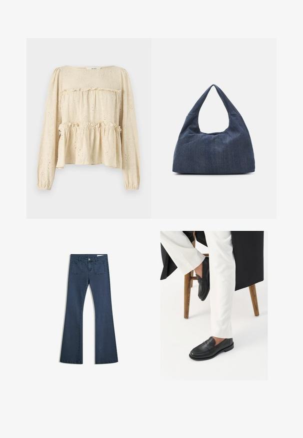 Blouse beige clair à manches longues avec broderies florales, détails en volants superposés et poignets élastiqués, fabriquée à partir d'un tissu texturé.; Jean en denim bleu foncé évasé avec poches surpiquées, fermeture à bouton et texture lisse. Dispose d'un design classique à cinq poches.; Mocassins en cuir noir avec une texture lisse et un large détail de bride, portés avec un pantalon blanc sur mesure. Le talon présente un design plat.; Sac en denim bleu foncé avec une forme douce et flasque, doté d'une anse de style hobo et d'une surface texturée. Aucune accent matériel visible.