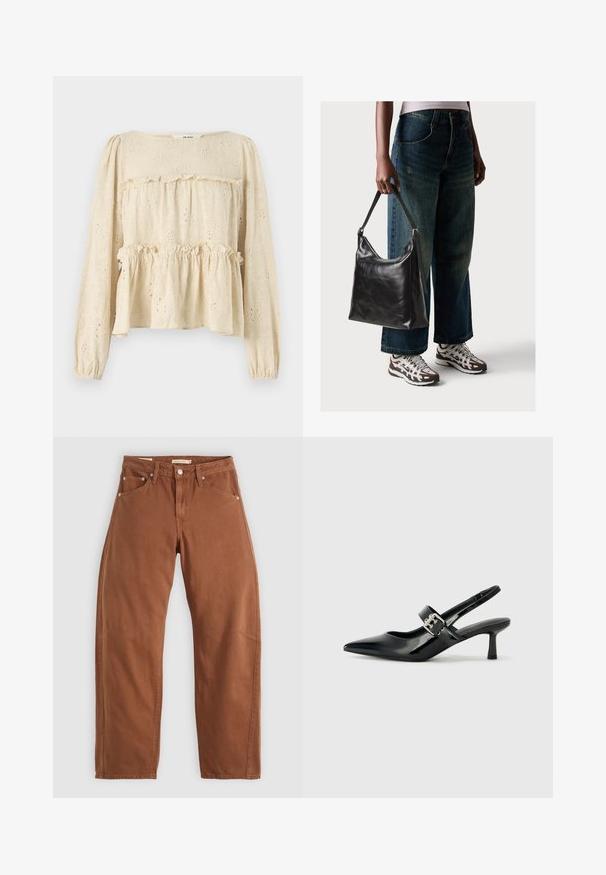 Lys beige langermet bluse med blomsterbroderi, lagdelt volangdetalj og elastiske mansjetter, laget av et teksturert stoff.; Rostbrune rett-skaftede jeans med front- og baklommer, metallnitter, knappeåpning og beltehemper, lagt flatt på en hvit bakgrunn.; Svarte patent lær slingback hæler med spiss tå og en liten blokkheel, med en sølvspenne som detalj på stroppen.; Sort skinnveske med en glatt tekstur og justerbar stropp, kombinert med falmede vide jeans og atletiske sneakers.