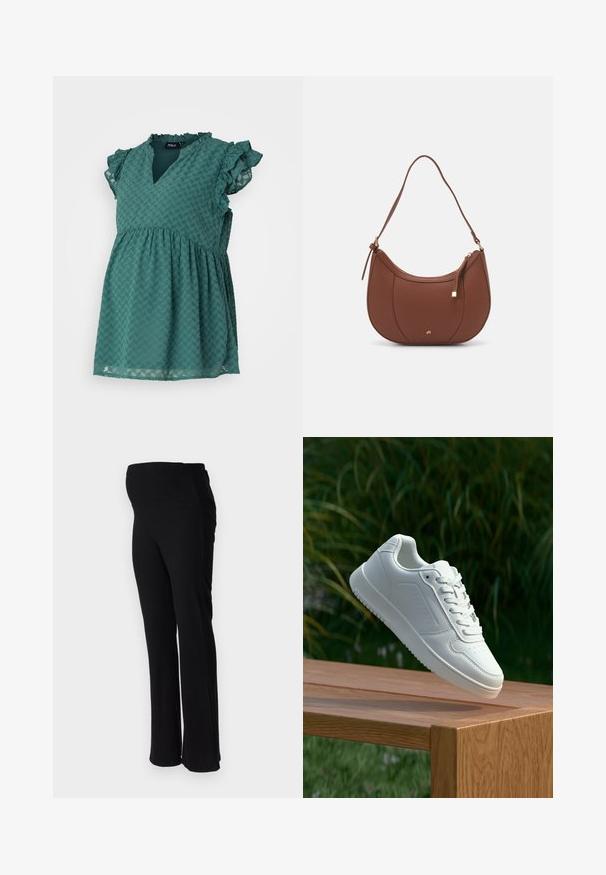 Turkos klänning i texturerad tyg med en fiskbensmönster, med en v-ringning och volangiga korta ärmar.; ONLY MATERNITY OLMHALLE - Tygbyxor - black; Vita sneakers med en slät syntetisk ovandel, perforerat tåparti, platta snören och en strukturerad sula, placerade på en träyta.; Brun faux läder axelväska med rundad form, minimal sömnad och detaljer i guldfärgad hårdvara. Har en övre dragkedjestängning och justerbar rem.