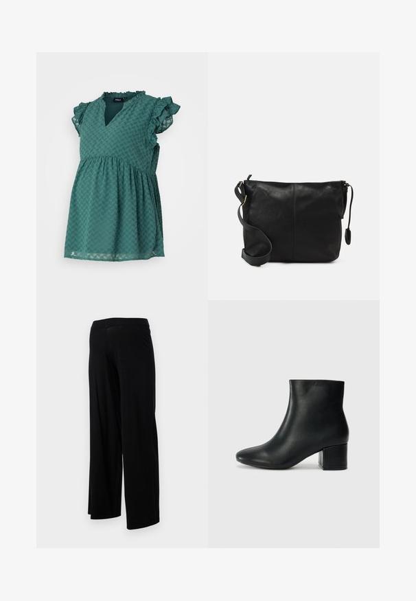 Mėlynas suknelė pagaminta iš tekstūruoto audinio su herringbone raštu, turinti V formos iškirpimą ir raukiniais puoštas trumpas rankoves.; Juodos plačios kelnės su elastinga juosmeniu ir lygia, tampria tekstūra. Turi paprastą dizainą, be raštų ar puošmenų.; Juodos odinės aulinės botai su smailiu priekiniu pirštu ir storu kulnu. Lygus tekstūra su minimaliomis detalėmis ir elegantišku, tvirtai priglundančiu dizainu.; Juodas odinis per petį nešiojamas krepšys plokščia forma, su auksiniais detalių akcentais ir reguliuojama juosta. Lygi tekstūra su minimaliais siuvimo elementais.