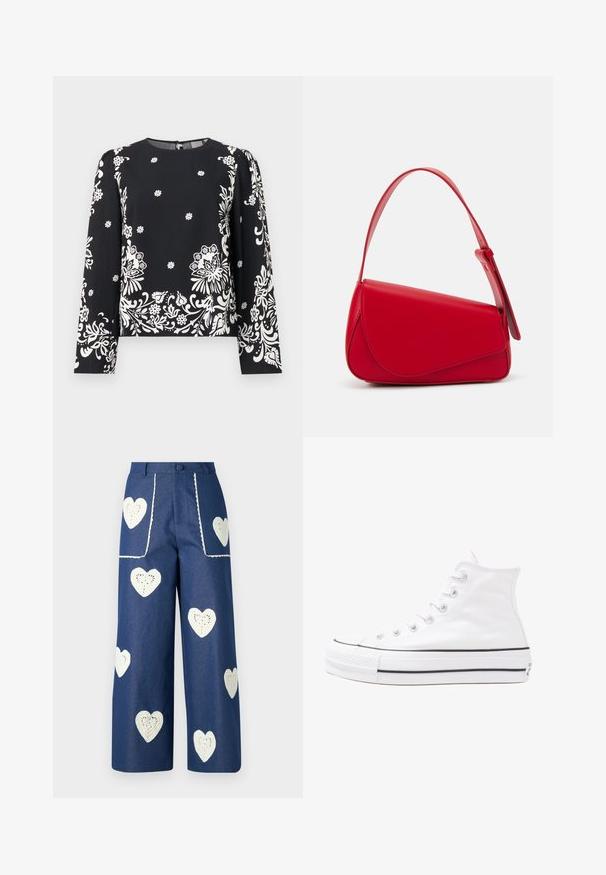 Mustamusta pitkähiha top, jossa on valkoinen kukkakuosi, pyöreä pääntie ja takavetoketju. Pehmeä, kevyt kangas, jossa on sileä rakenne.; Sister Jane HEART TO HEART - Straight leg -farkut - blue denim; Valkoiset korkeavartiset kangaskengät mustalla kumipohjalla, edessä kuminen varvasosa ja kuusi nauha-aukkoa, puhtaan minimalistisella muotoilulla.; Punainen nahkalaukku, jossa on kulmikas, geometrinen muotoilu. Varustettu yhdellä säädettävällä hihnalla ja läpällä, jossa on ommeltu yksityiskohtia.