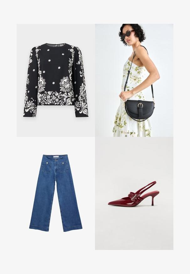 Sort langærmet top med hvidt blomsterprint, med rund halsudskæring og lynlås i ryggen. Blødt, let stof med en glat overflade.; Denim brede ben jeans med en mellemblå vask, to forlommer med knaplukninger og syet detaljering langs sømmene.; Røde patenteret læder slingback hæle med spids tå, to spændebånd og en slank, mellemhøj stiletto hæl. Glat tekstur.; Sort læderhåndtaske med en buet form, aftagelig rem og guldfinish. Tasken har en klap med en spænde detalje.