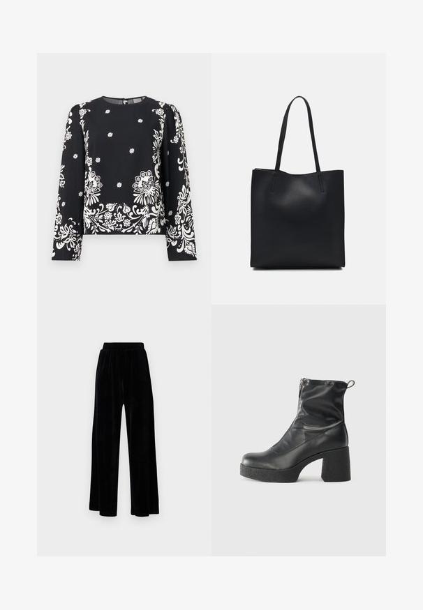 Top nero a maniche lunghe con stampa floreale bianca, dotato di scollatura rotonda e chiusura con cerniera sul retro. Tessuto morbido e leggero con una texture liscia.; Pantaloni neri a gamba larga realizzati in morbido velluto, dotati di una cintura elastica e una superficie liscia, senza dettagli o motivi visibili.; Stivali neri alla caviglia in pelle liscia, con zip laterale, tacco spesso e texture, e punta arrotondata.; Borsa tote in pelle nera con texture liscia, forma rettangolare e due manici lunghi. Nessun hardware o decorazione visibile.