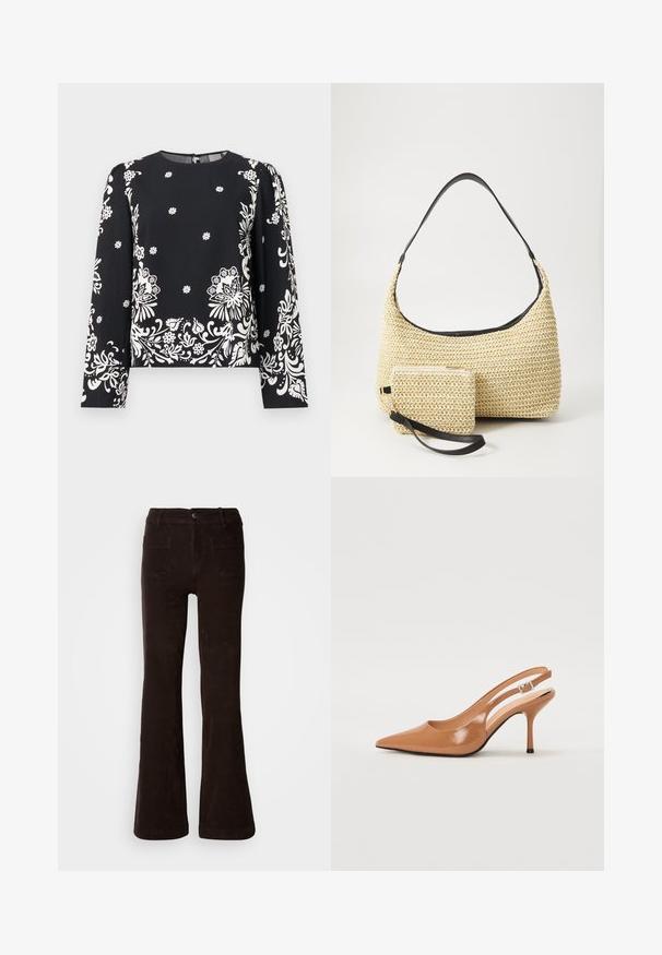 Sort langærmet top med hvidt blomsterprint, med rund halsudskæring og lynlås i ryggen. Blødt, let stof med en glat overflade.; Brune fløjlsbukser med vidde og tekstureret finish, der har lukkeknap foran, bæltestropper og to baglommer.; Spids tå slingback hæl i et glat, blankt tan materiale. Har et buet udskæring design og en slank stiletto hæl. Sølv spænde detalje.; Vævet stråhåndtaske med en buet silhuet, der har en glat sort læderrem og en matching lille pung, der er fastgjort med en håndledsrem.