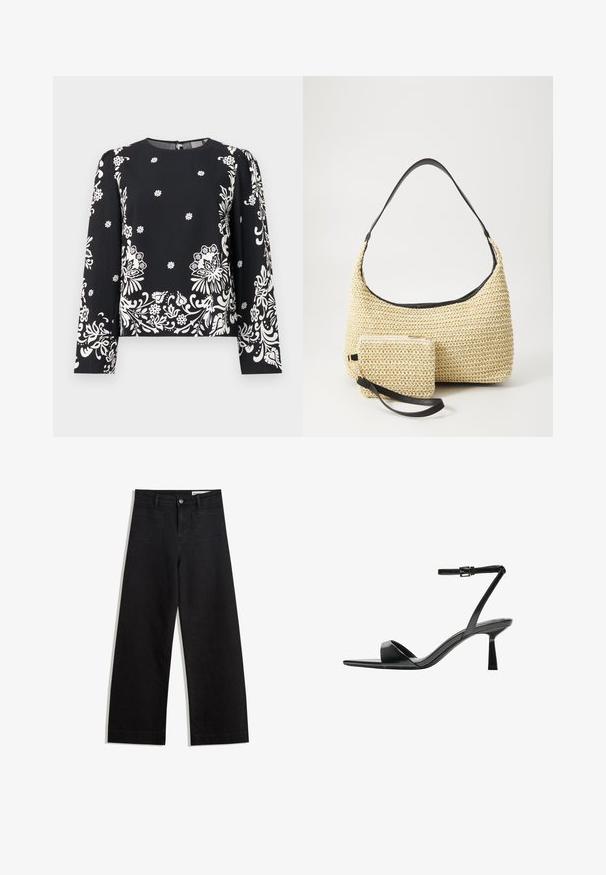 Črn dolg rokav majica z belim cvetličnim vzorcem, okroglim izrezom in zadrgo na hrbtu. Mehka, lahka tkanina z gladko teksturo.; Črne široke denim hlače z visokim pasom, ki imajo sprednje in zadnje žepe, šivane šive ter gumbasto zapiranje. Gladka tekstura.; Bershka Sandali z visoko peto - black; Tkana torbica iz slame s zakrivljenim siluetom, ki vključuje gladek črn usnjen trak in usklajen majhen žep, pritrjen z ročajem za zapestje.
