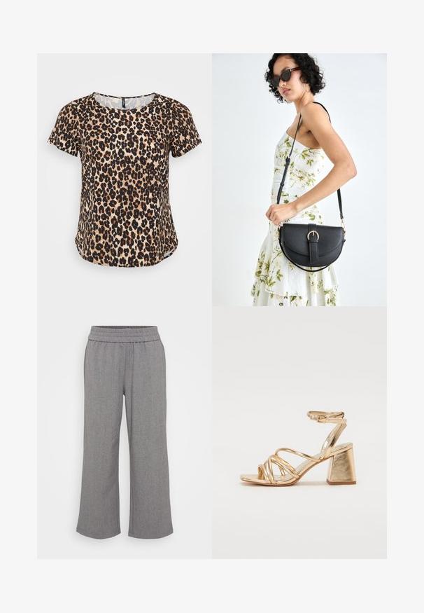 Top de manga corta con estampado de leopardo, presenta un cuello redondo y un dobladillo ligeramente curvado. Fabricado en una suave tela con un acabado texturizado.; Pantalones grises de pierna ancha hechos de una tela texturizada con una cinturilla elástica. Presenta un patrón sutil sin bolsillos ni cierre.; Sandalias de tacón metálico dorado con un diseño de tiras, tacón cuadrado y correa ajustable en el tobillo con hebilla. Textura suave.; Bolso de piel negra con forma curva, correa desmontable y herrajes dorados. El bolso cuenta con una solapa con un detalle de hebilla.